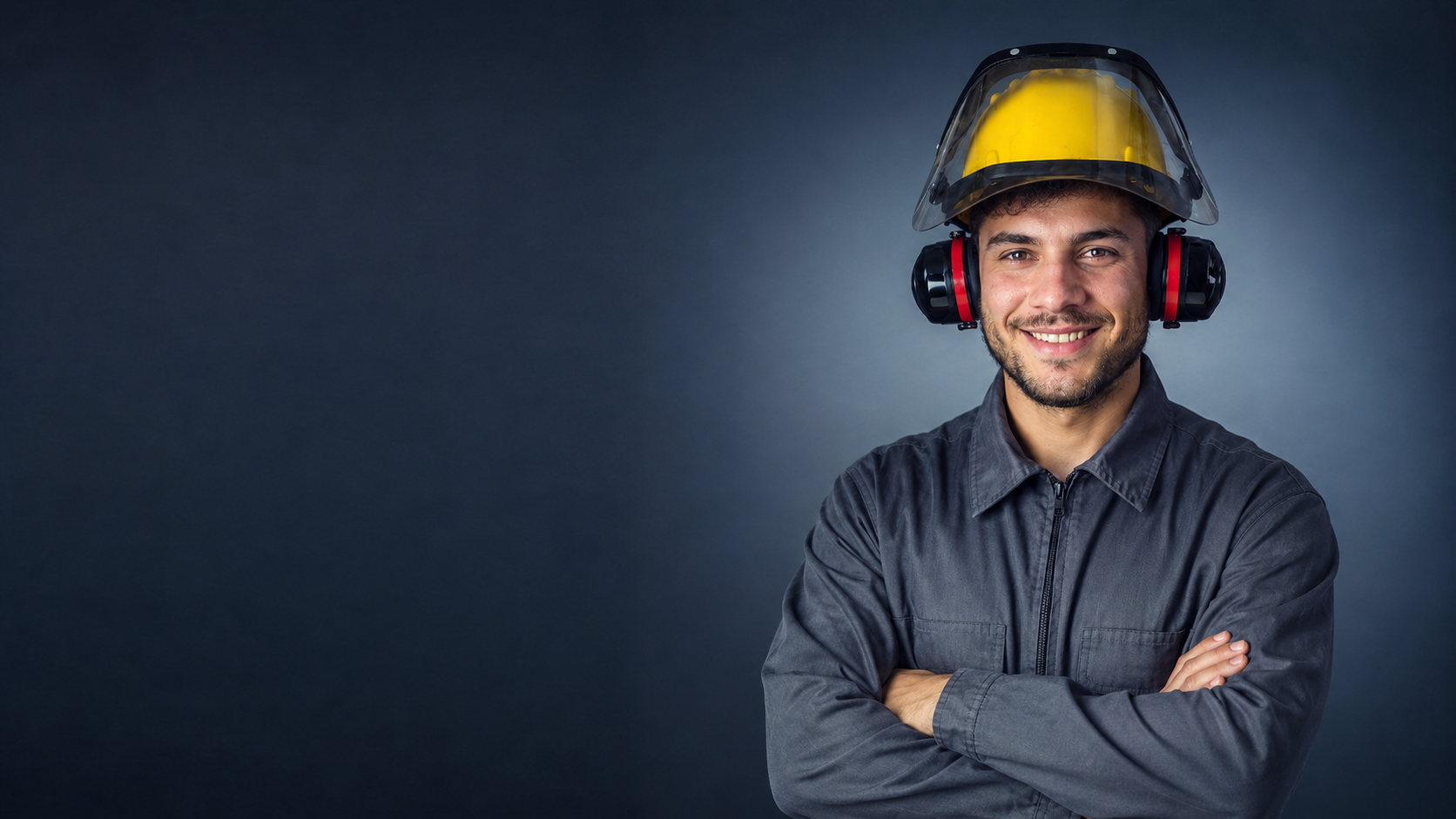 Lavoratore sorridente con casco e cuffie di protezione