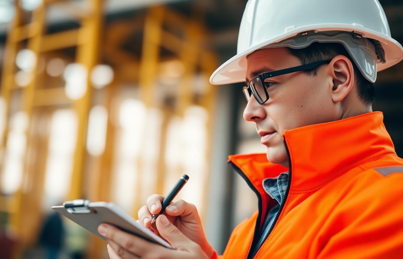 Ispettore della sicurezza con casco e giubbetto arancione compila un rapporto